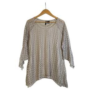 New Directions Women's Boho Crochet Lace Sheer Sleeve Pullover Top Size L Beige